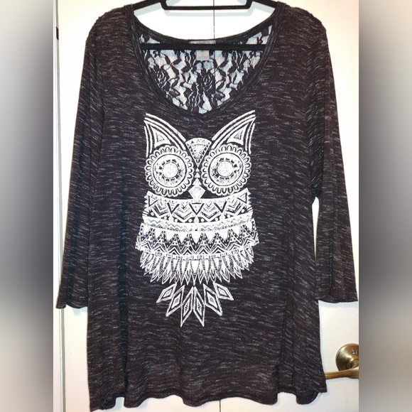1X New Directions Heathered Grey  Tribal Owl Tunic W/ 3 Quarter Length Sleeves - Picture 1 of 9